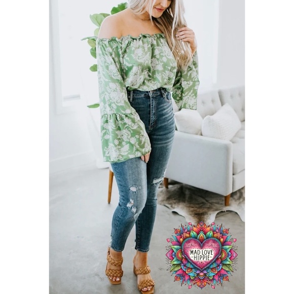 Peach Love Sage Green Satin Large Floral Print Off Shoulder Bubble Top - Picture 4 of 7
